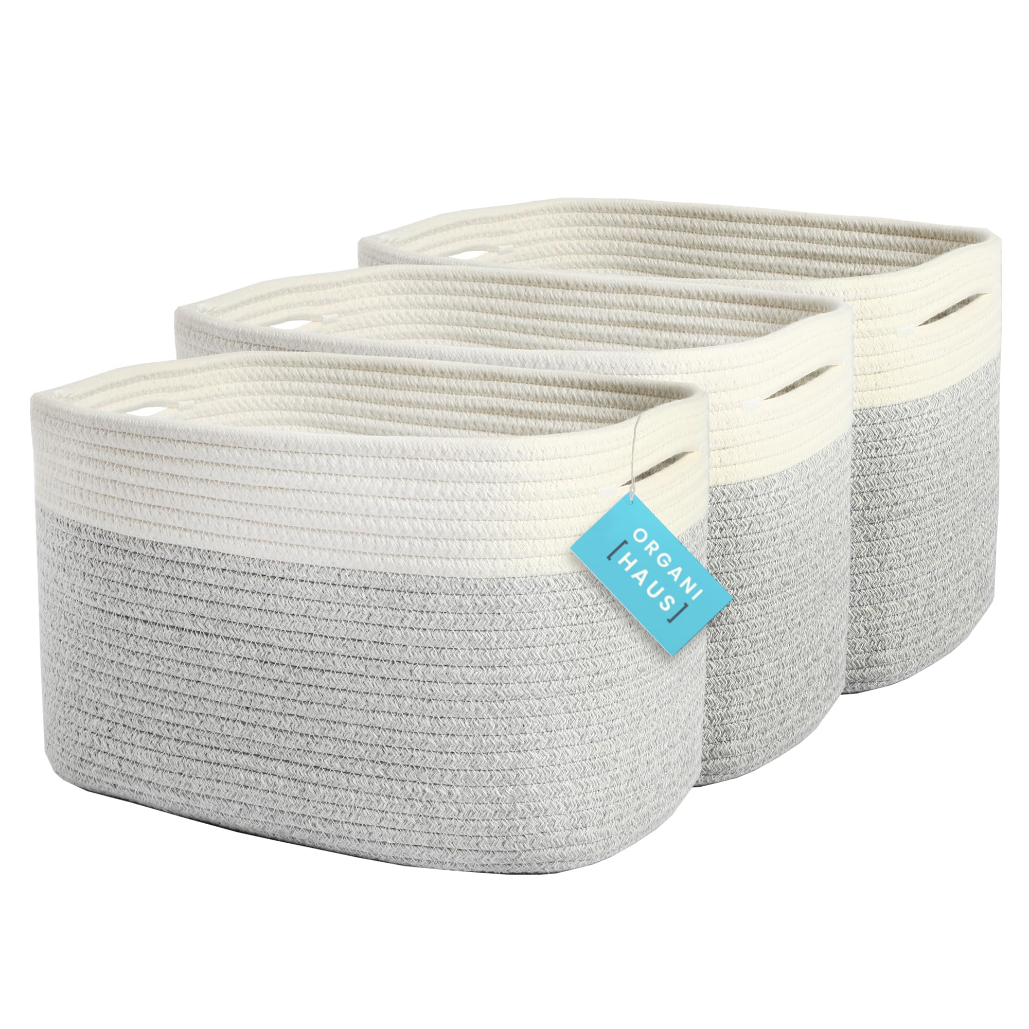 Organihaus Cotton Rope Baskets 3-Pack | Toy Storage Bins | Decorative Baskets For Storage | Towel Baskets For Bathroom | Rope Storage Basket | Woven Baskets For Storage | Book Soft Basket - Grey